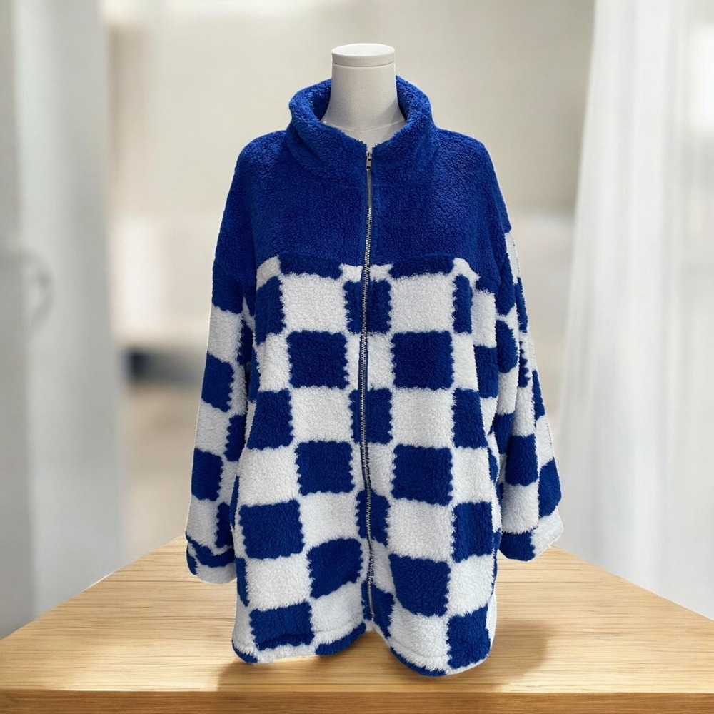 EillyBazar Blue White Checkerboard Sherpa Zip Jacket‎ 1XL Cozy Winter Soft Cute